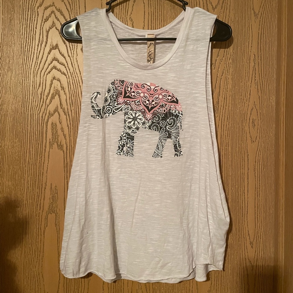 🌟White and pink elephant open side tank top, size L